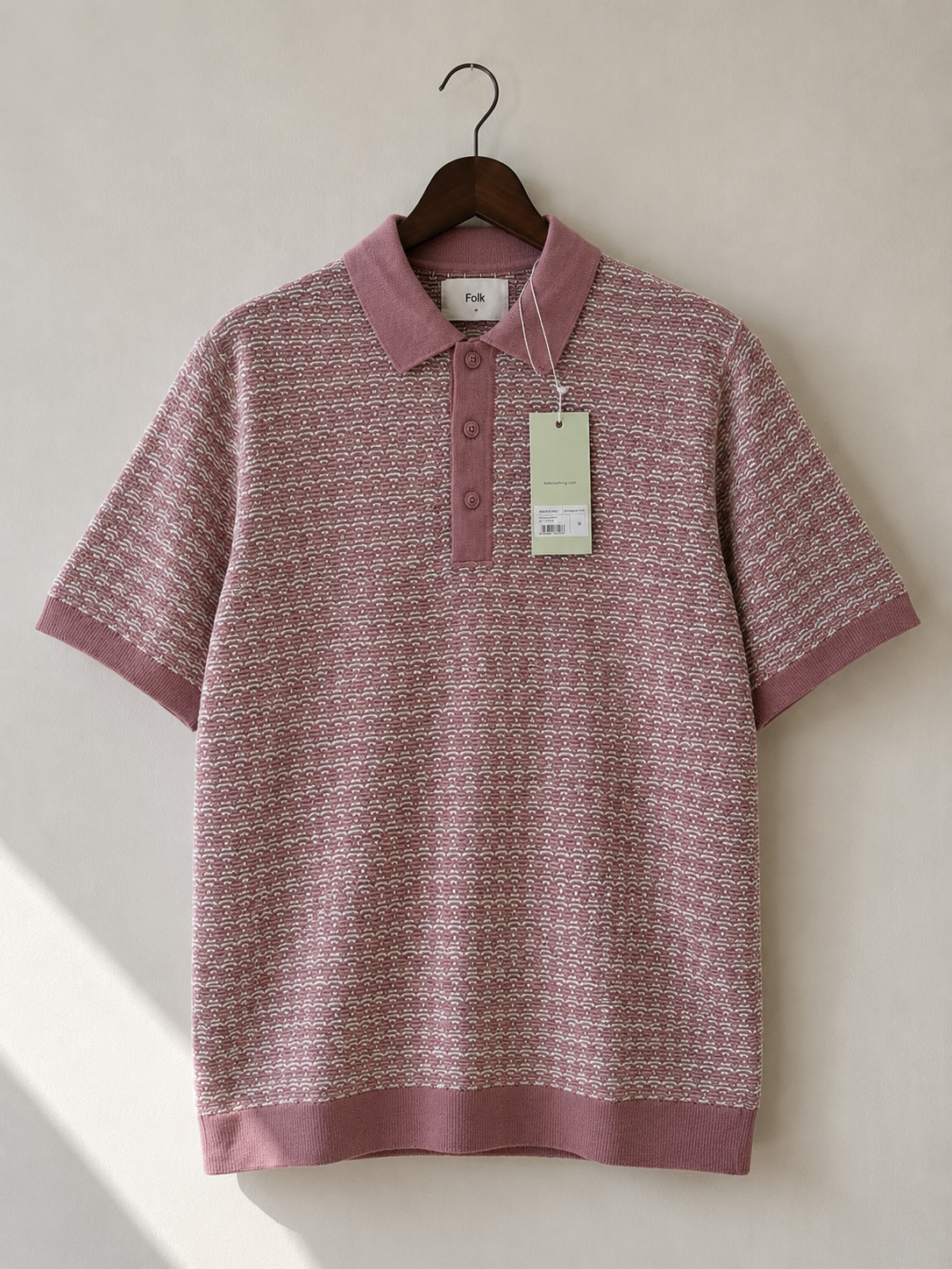 Folk Pink & Ecru Textured Knit Polo Shirt - front